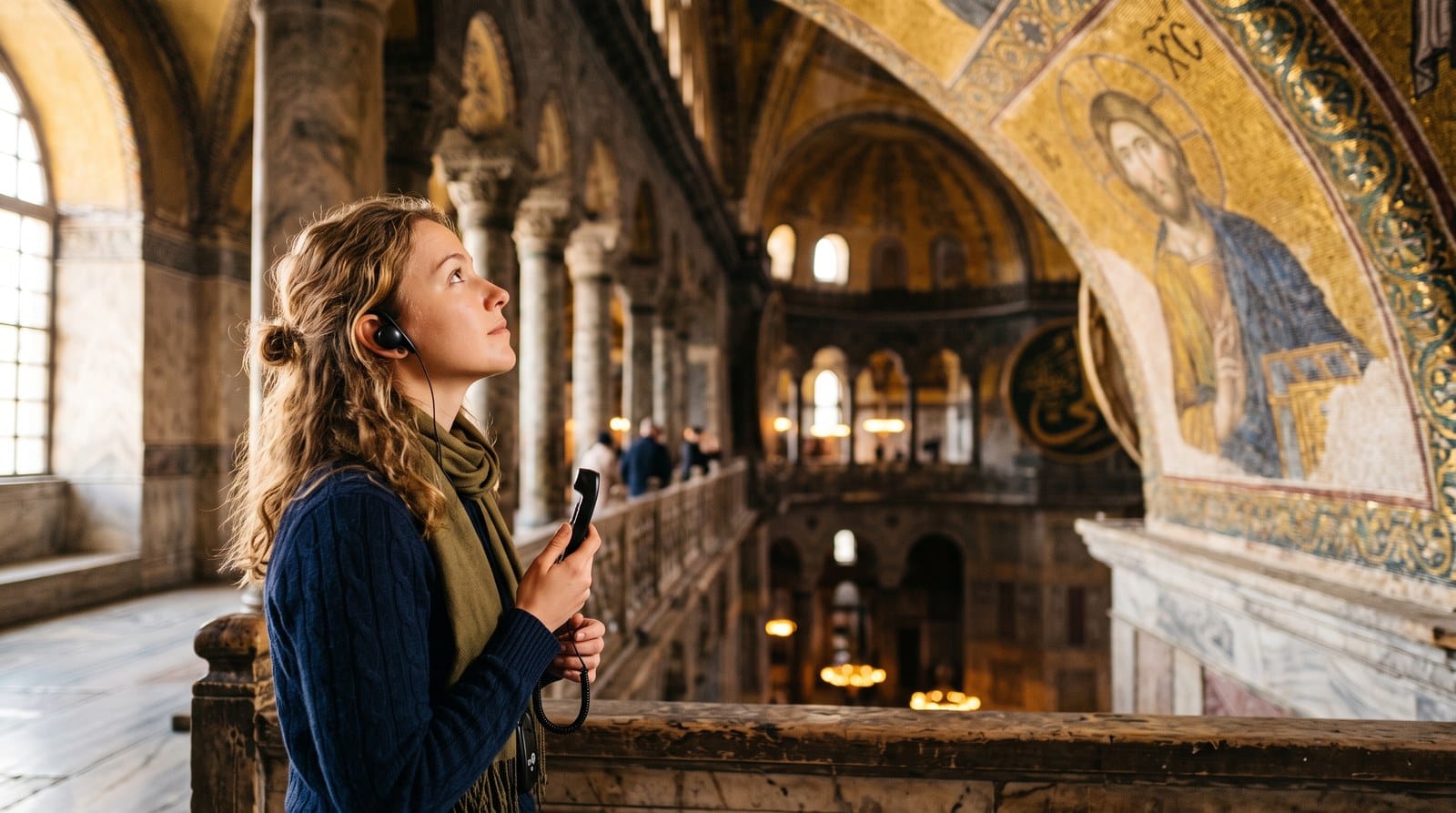 Traveler with an audio guide headset admiring Byzantine mosaics in the upper gallery of Hagia Sophia