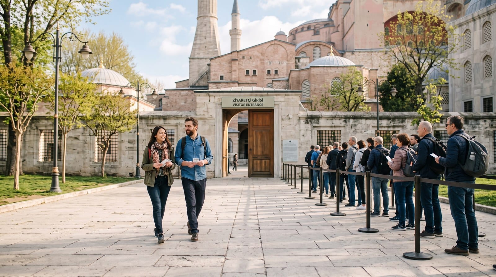 Visitor entrance of Hagia Sophia in morning light with a ticket queue that skip-the-line guests walk past