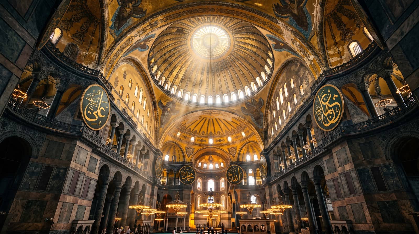 Interior of Hagia Sophia looking up into the great dome with golden light rays and calligraphy medallions